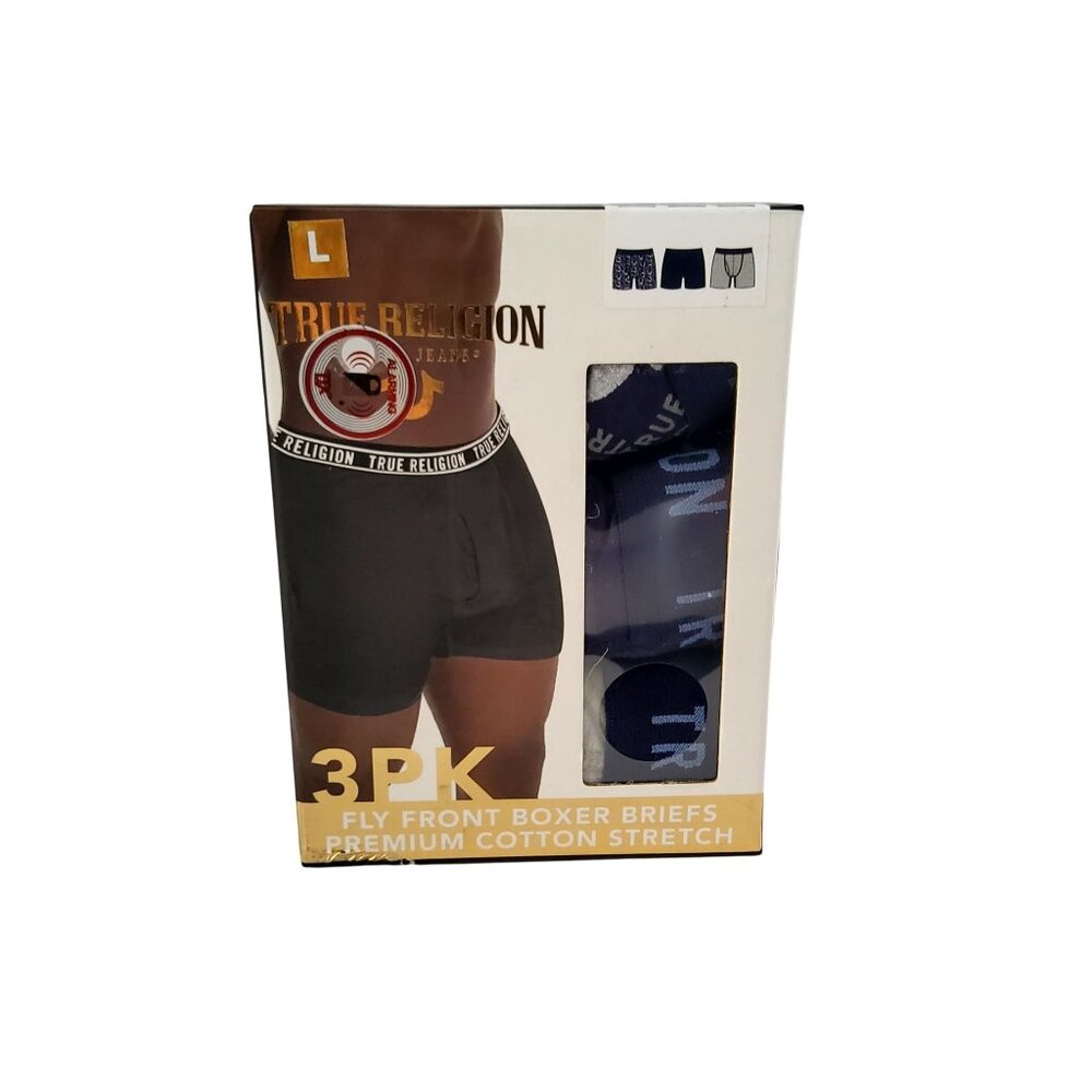 True Religion Mens 3-Pack Fly Front Boxer Briefs Premium Cotton Stretch Size L